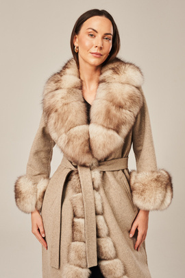 Beige Alpakka Kåpe Dame | Lang Ullkåpe med Ekte Revepels og Belte