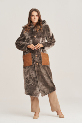 Lang Brun Reversibel Shearling Jakke Dame med Hette og Lammeull