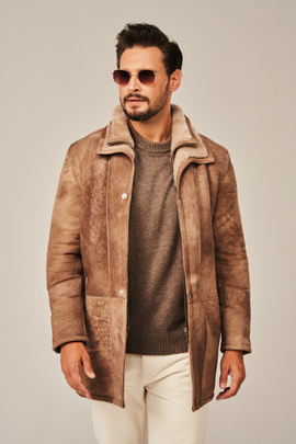 Shearling jakke herre – beige vinterkåpe i ekte lammeskinn med avtagbart innlegg