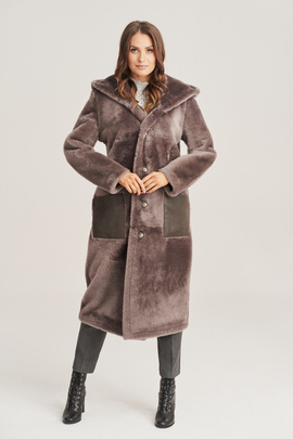 Lang, Dobbelt-Sidig Lammeskinn Jakke Dame med Hette | Elegant Shearling Jakke